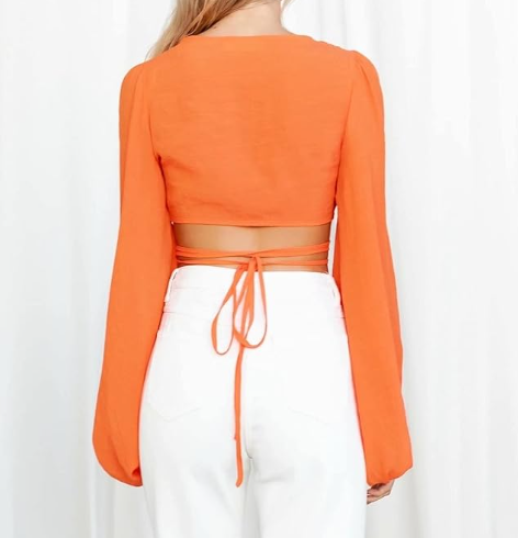 Northline Orange Long Sleeves Wrap Around Crop-Top