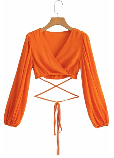 Northline Orange Long Sleeves Wrap Around Crop-Top
