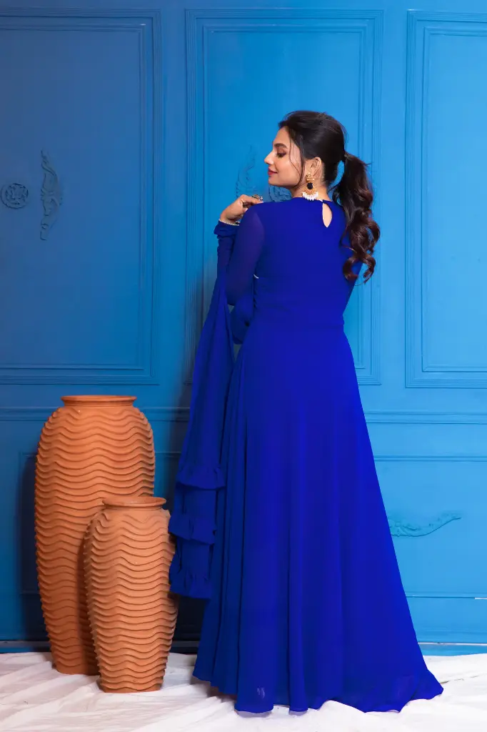 Royal Blue Overlapped Anarkali with Dupatta
