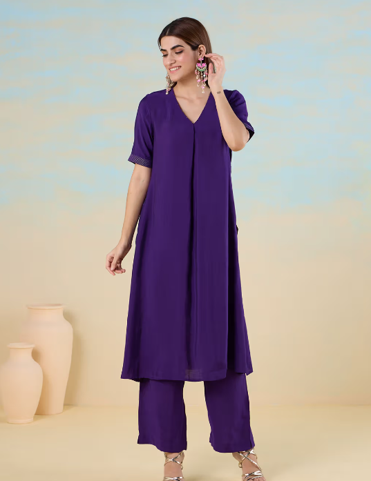 Purple Smooth Art Silk Straight Kurta with Zari Runnig Stitch Detail & Pant