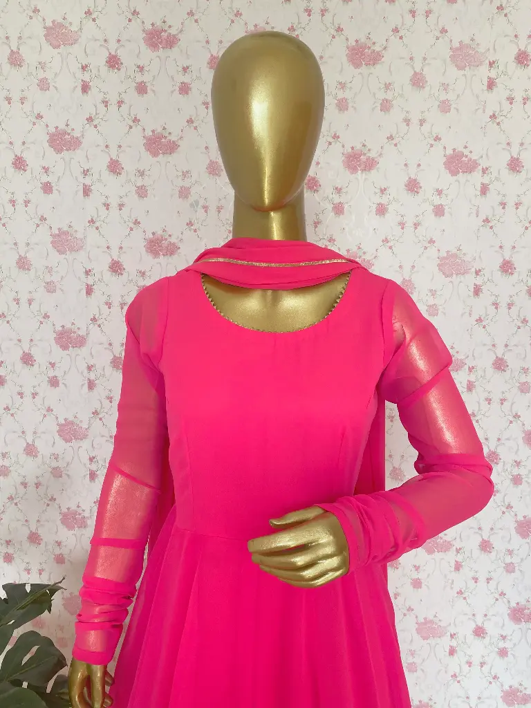Hot Pink Chiffon Blend Anarkali & Dupatta