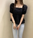 Square-Neck Pleated Puff Sleeve Top
