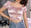  Satin Corset Lace-Up Puff Sleeve Crop Top
