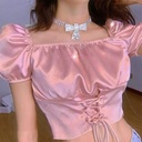  Satin Corset Lace-Up Puff Sleeve Crop Top