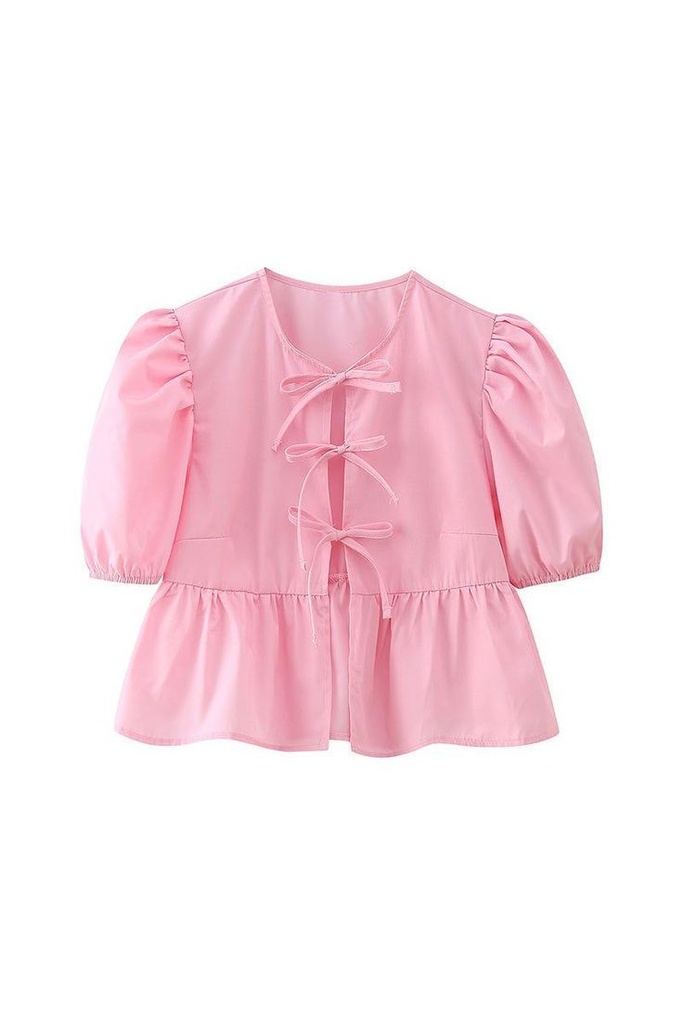 Northline Pink Puff Sleeve Peplum Top with Bow Tie Front