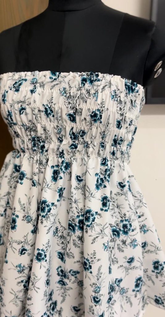 Northline Women's Beach White Blue Floral Shirred Strapless American Crepe Mini Dress