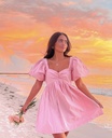 Northline Pink Cotton Beach Dress With Puff Sleeve & Sweetheart Neckline | Back Elastic