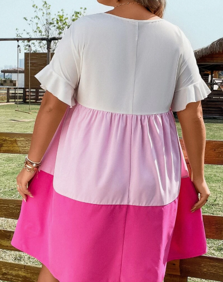 Northline Colorblock Flounce Sleeve Pink Dress