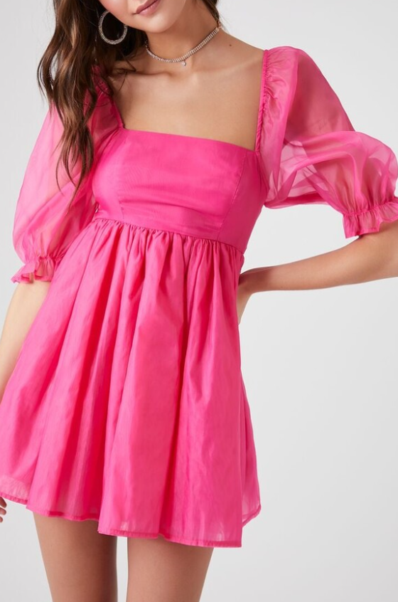 Northline Vibrant Pink Organza Puff Sleeve Mini Dress