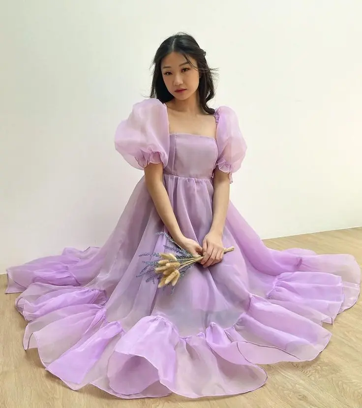 lilac organza baby doll puff sleeves dress, pretty princess dress, maternity photoshoot dress, classy outdoor party outfit, barbie gown.webp