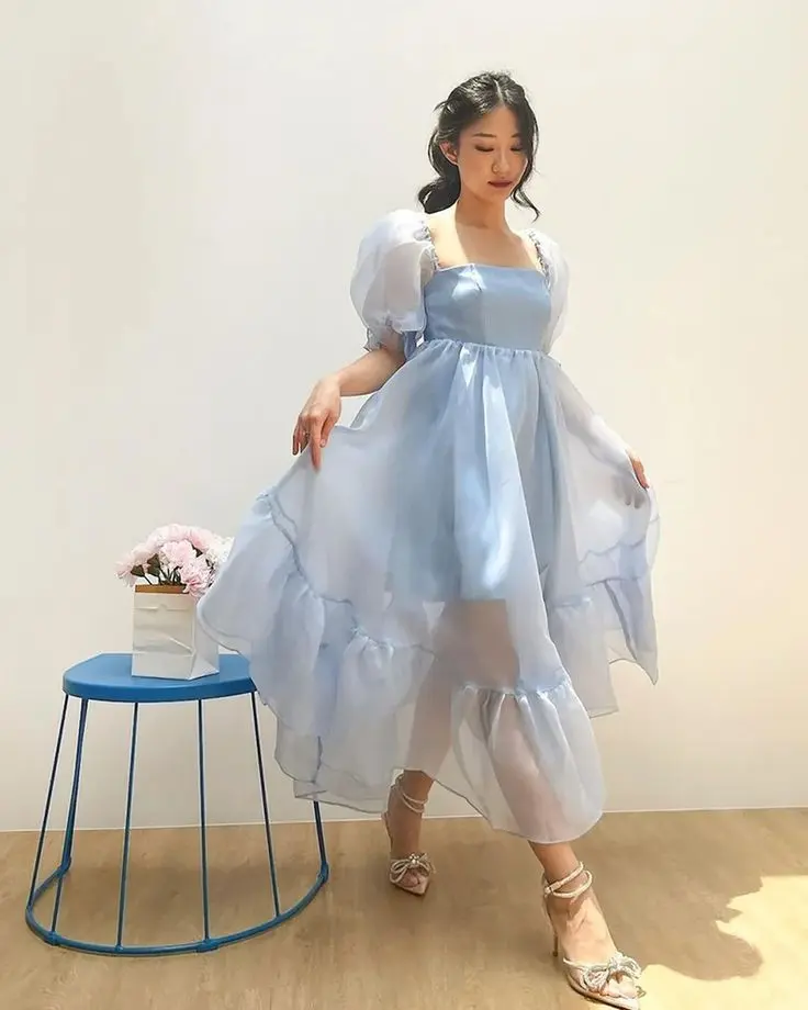 Simple Pretty Organza Dress, Puff Sleeves Classy Cocktail Dress, Elegant Cinderella Dress, Frozen Simple Dress, Ice Blue Sheer Dress - Etsy (2).webp