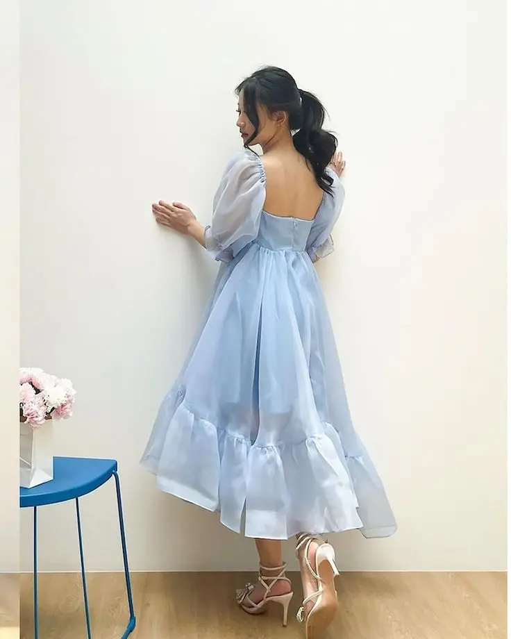 Simple Pretty Organza Dress, Puff Sleeves Classy Cocktail Dress, Elegant Cinderella Dress, Frozen Simple Dress, Ice Blue Sheer Dress - Etsy (1).webp