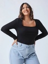 Northline Black Lycra Sqaure Neck Long Sleeves Crop-Top