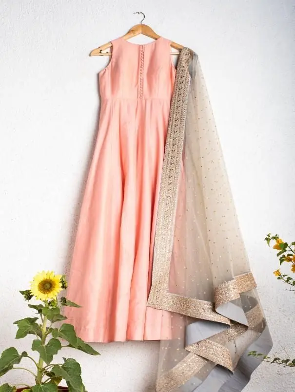 Coral Salmon Anarkali With River Grey Dupatta (Set of 2) - XL.webp