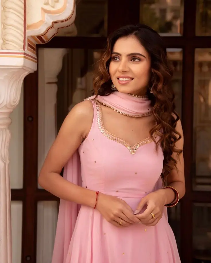 Northline Baby Pink Chiffon Anarkali with golden work.webp