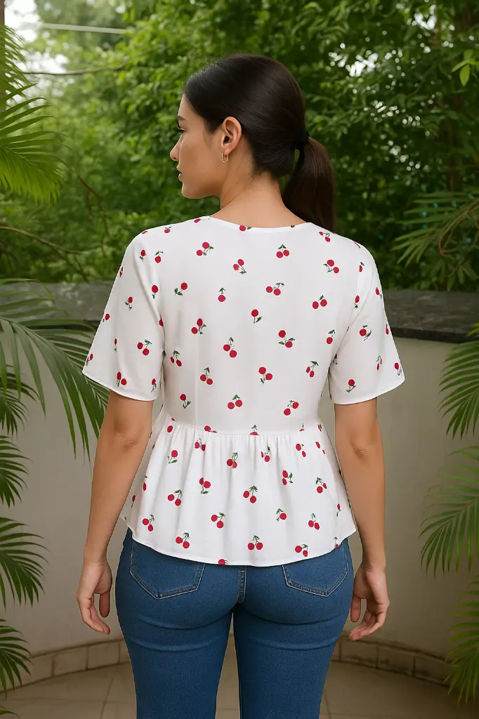 Northline White Red Cherry Ruffle Top back neck.webp