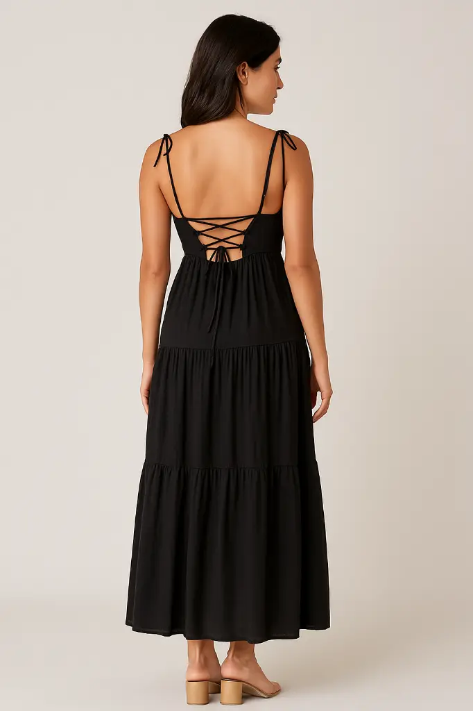Black Spaghetti Strap Maxi Dress with Front Cut-Out & Lace-Up Back – Tiered Summer Beach & Party Wear for Women back.webp