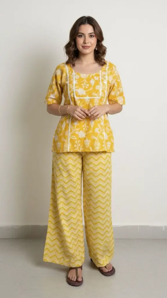 Northline yellow Printed Cotton Co-ord Set for Women – Casual Summer Wear Kurta & Wide-Leg Pants.webp
