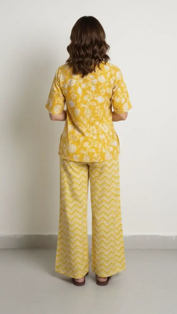 Northline yellow Printed Cotton Co-ord Set for Women – Casual Summer Wear Kurta & Wide-Leg Pants 1.webp