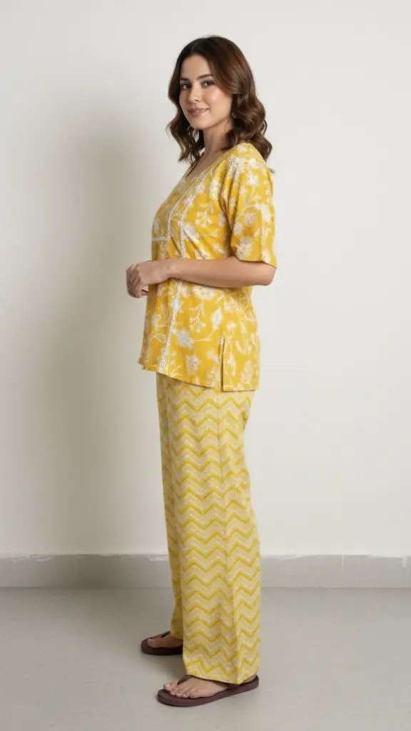 Northline yellow Printed Cotton Co-ord Set for Women – Casual Summer Wear Kurta & Wide-Leg Pants 2.webp