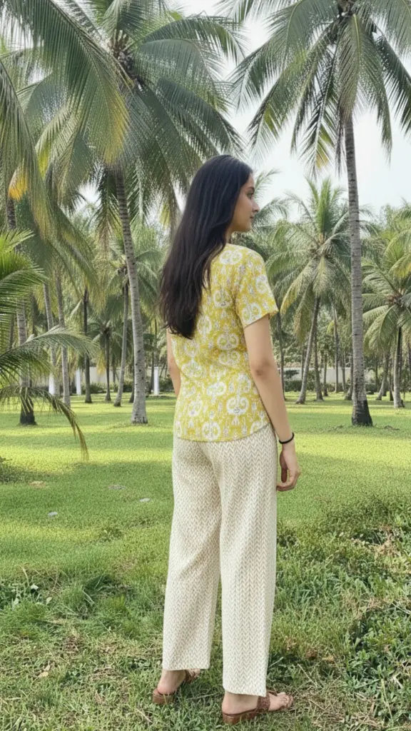 Northline green Printed Cotton Co-ord Set for Women – Casual Summer Wear Kurta & Wide-Leg Pants 3.webp