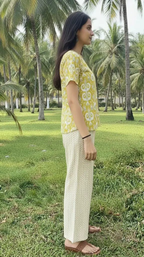 Northline green Printed Cotton Co-ord Set for Women – Casual Summer Wear Kurta & Wide-Leg Pants 4.webp