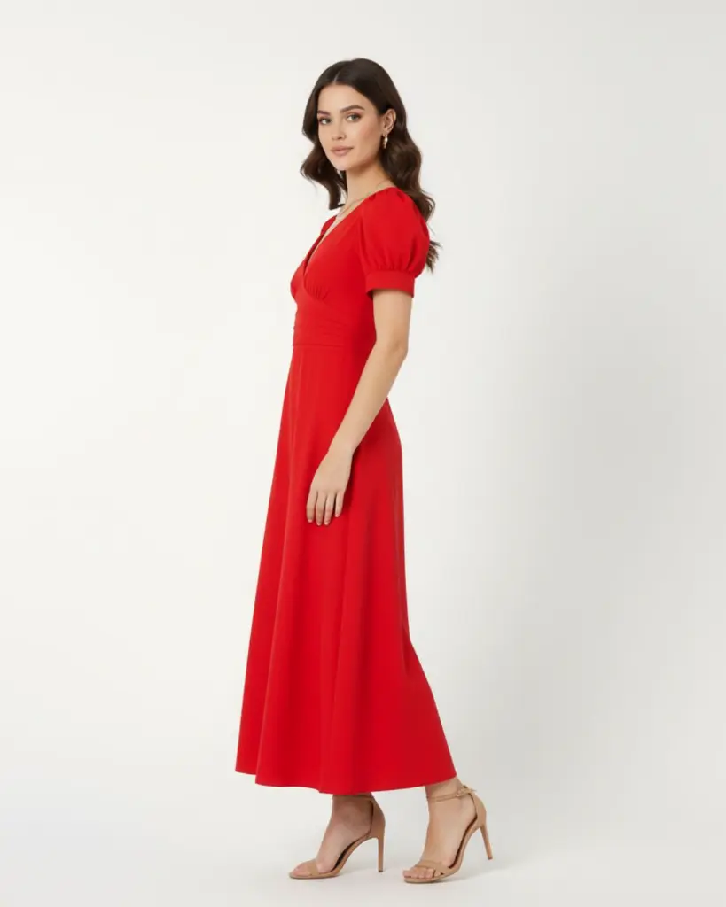 Northline Women's Elegant Puff Sleeve V-Neck Midi Dress  Flowy Fit & Flare Dress for Women (4).webp