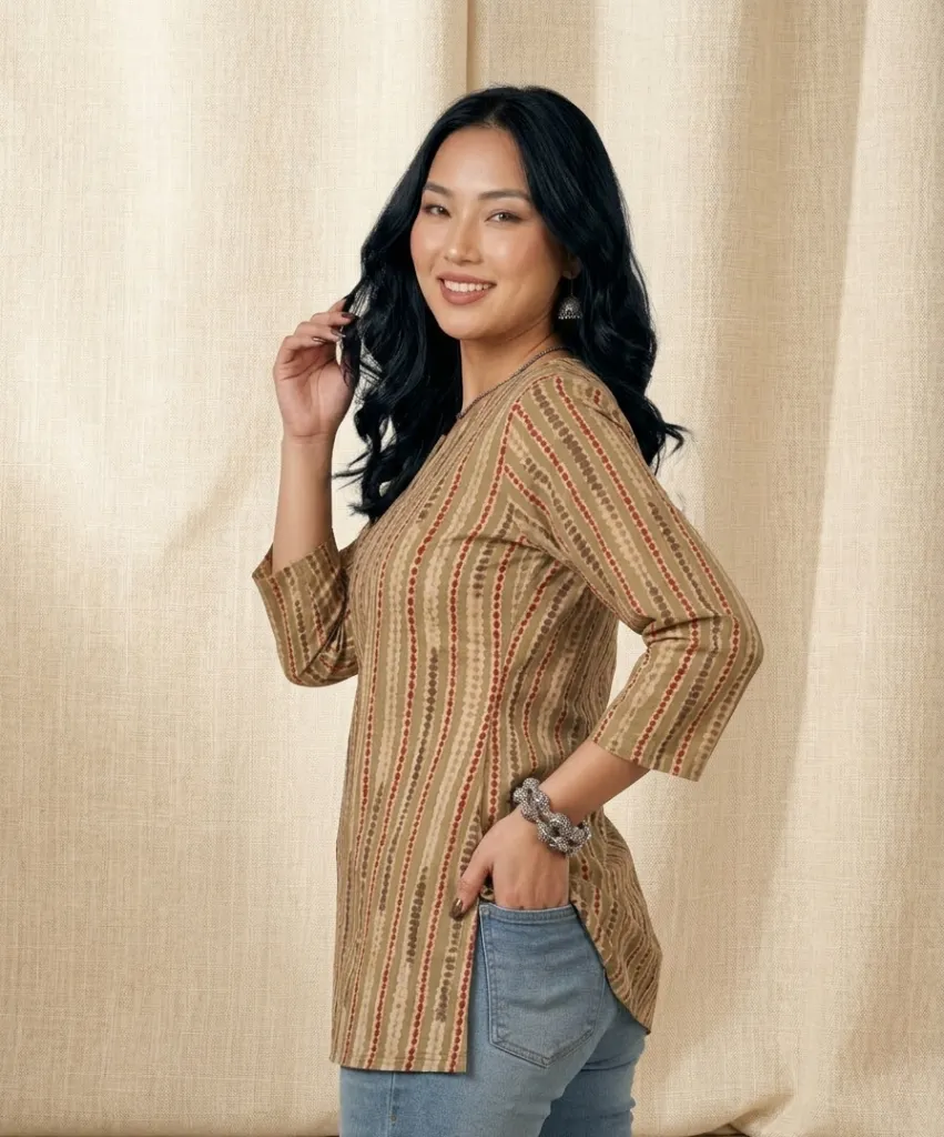 Earthy Tones Shibori Print Tunic – Casual V-Neck Short Kurti for Women.webp