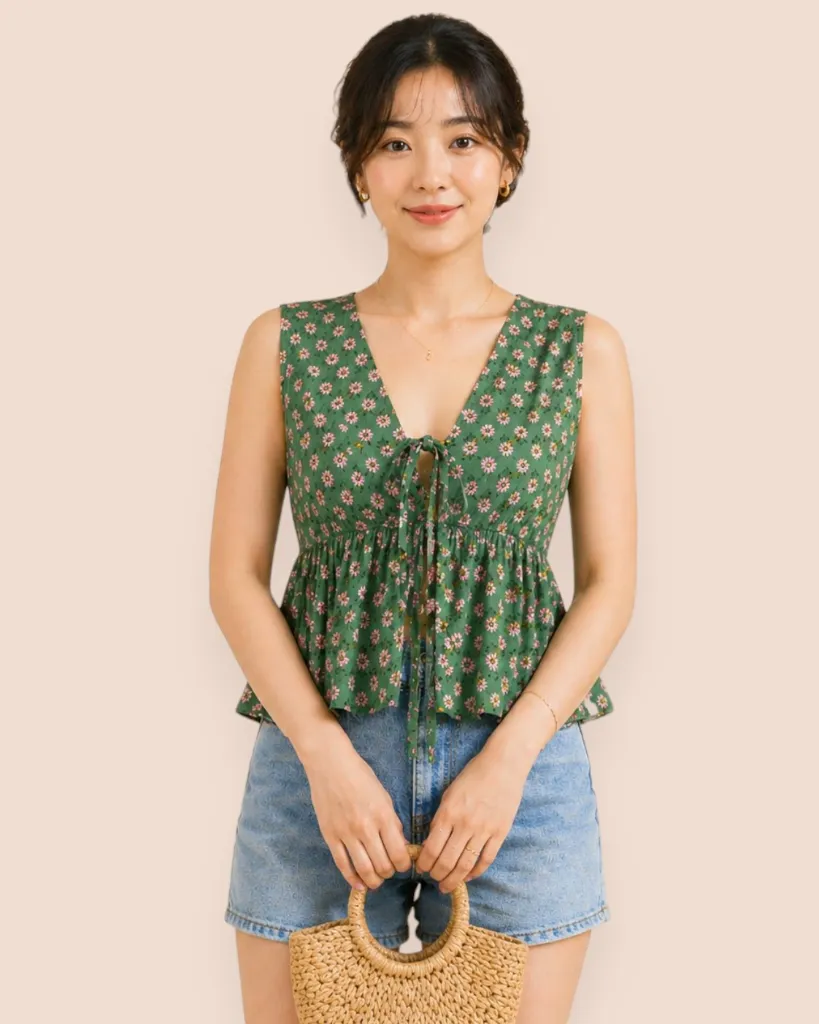 Cotton Green Floral printed cute Summer Top.webp