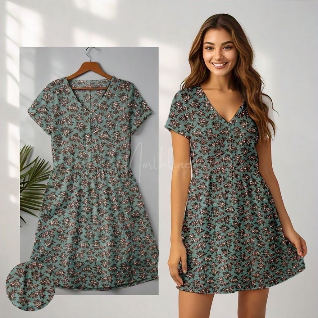 Northline Pastel Sea Green Print V-Neck Dress