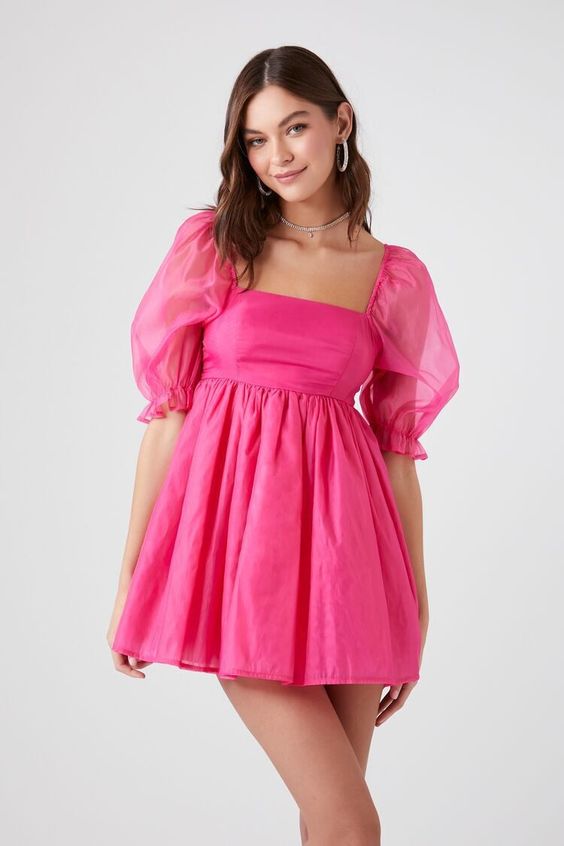 Northline Vibrant Pink Organza Puff Sleeve Mini Dress