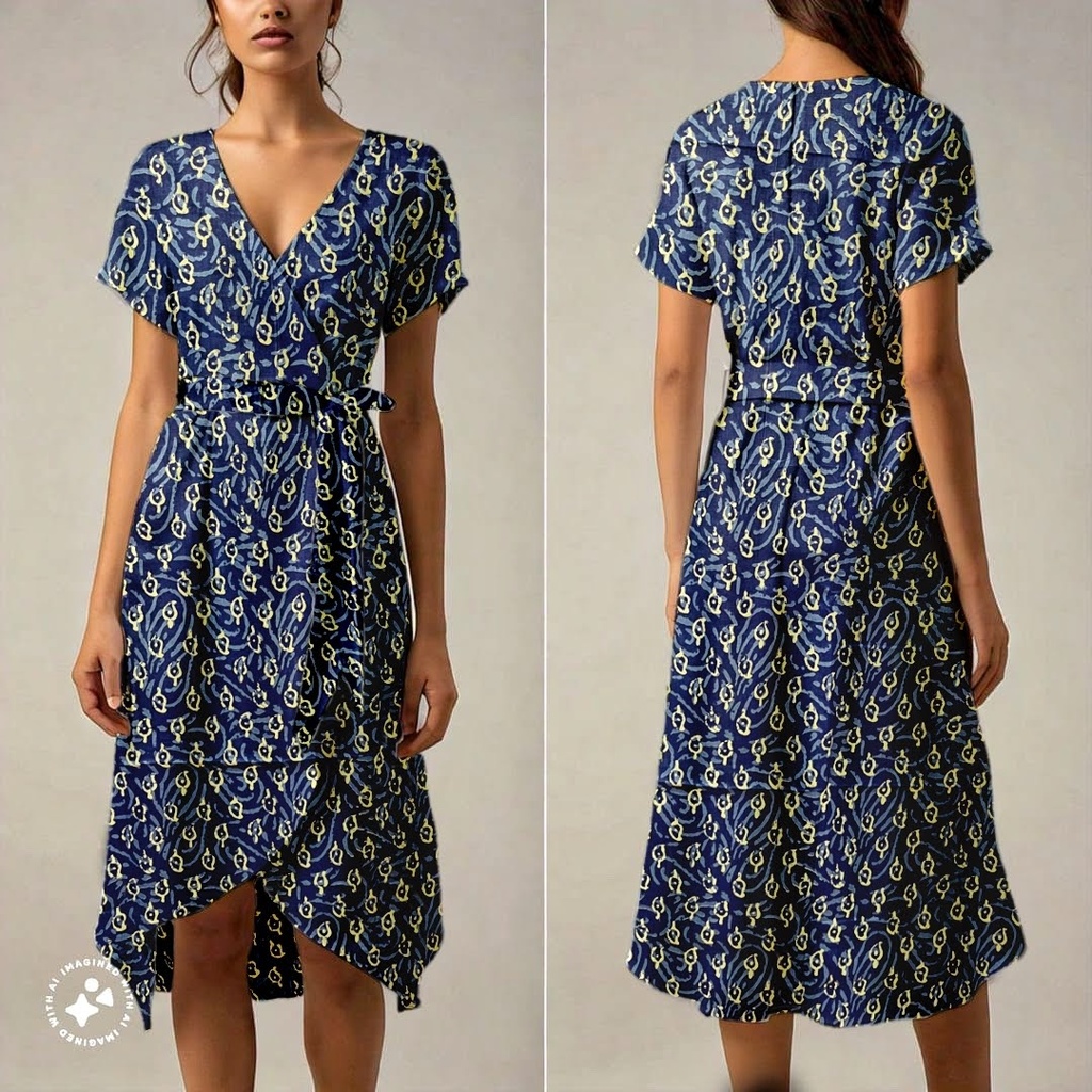 Northline Handblock Navy Blue Wrap Midi Dress
