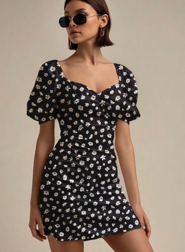 Northline Handblock Retro Puff Sleeve Mini Dress