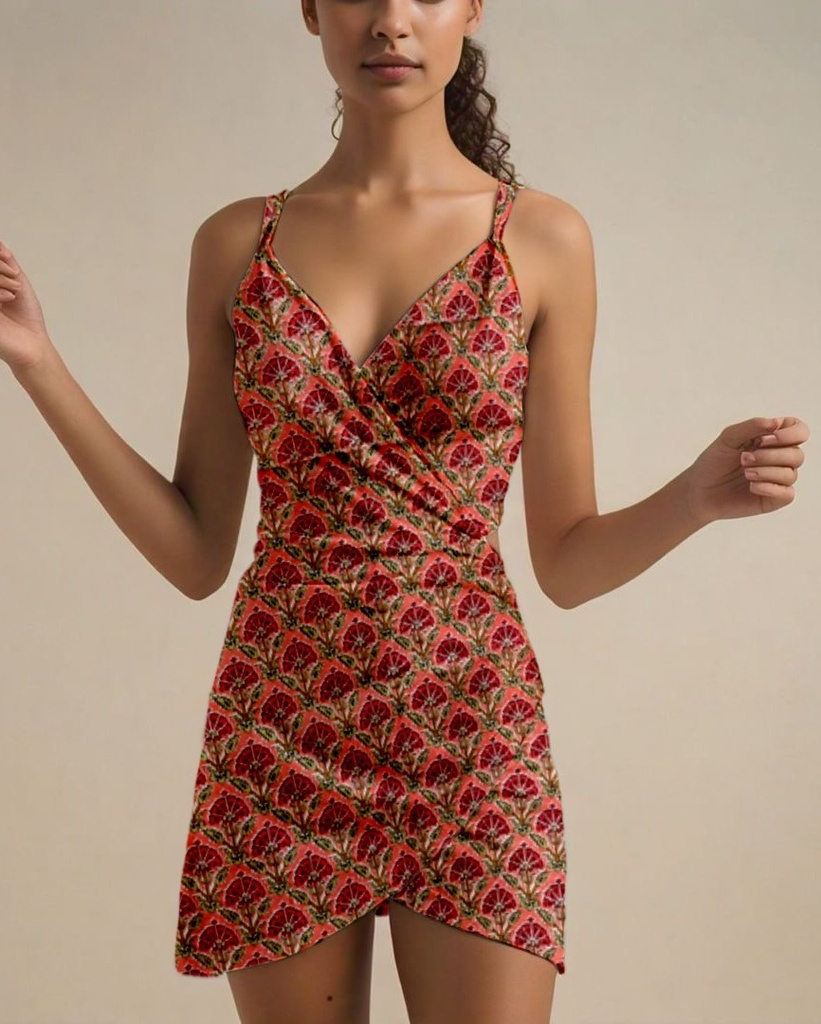 Northline Handblock Green Wrap Mini Dress with Spaghetti Strap 