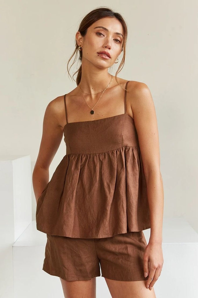 [NC10032] Northline CottonLinen-Blend Top and Shorts Set (Brown)