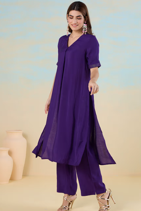 Purple Smooth Art Silk Straight Kurta with Zari Runnig Stitch Detail & Pant