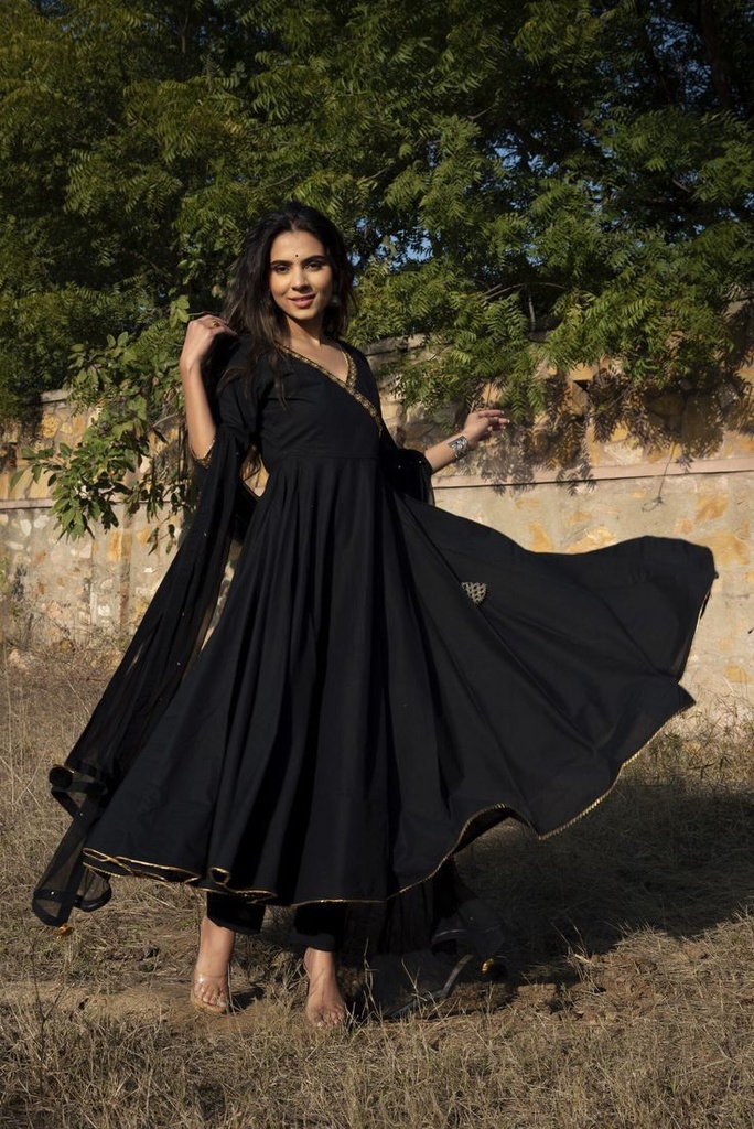 Black Silk Anarkali With Chiffon Dupatta