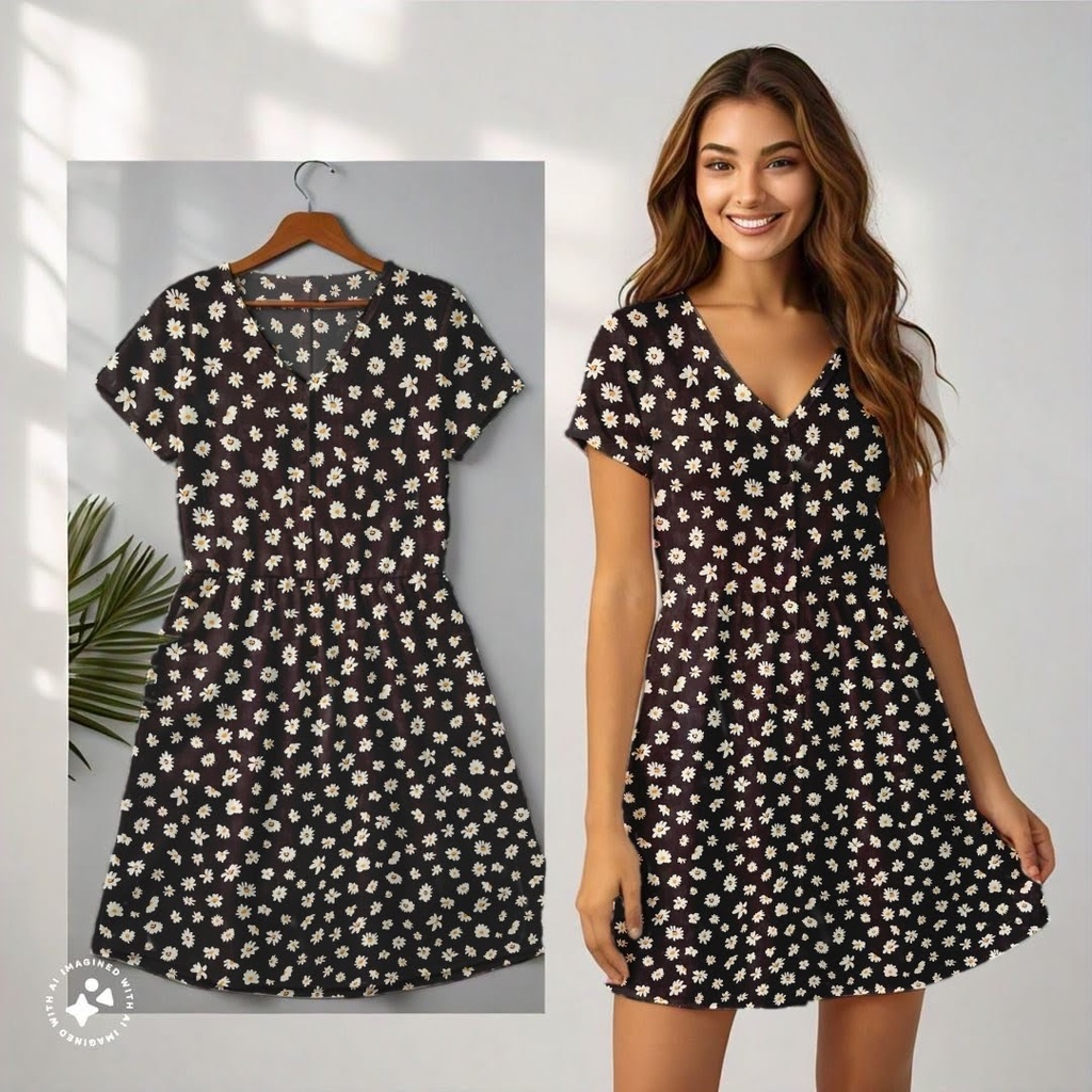 Northline Black Daisy Print V-Neck Dress