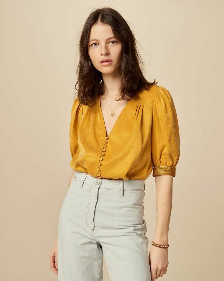 Northline Mustard Button-Down Puff Sleeve Blouse