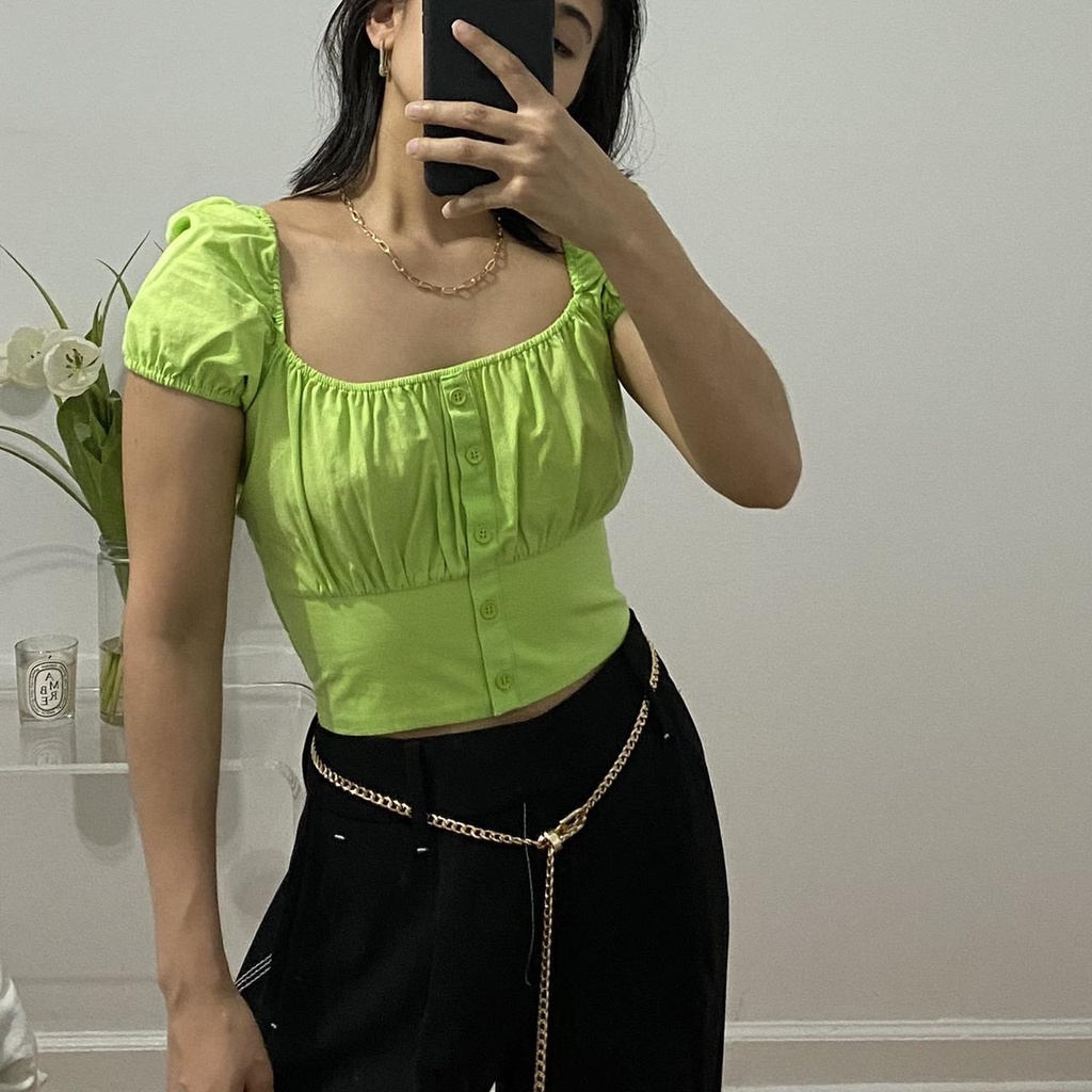 Women's Cotton Button-Up Puff Sleeve Crop Top