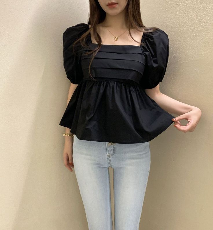 [NC100107] Northline Cotton Pleated Puff Sleeve Babydoll Top (Black)