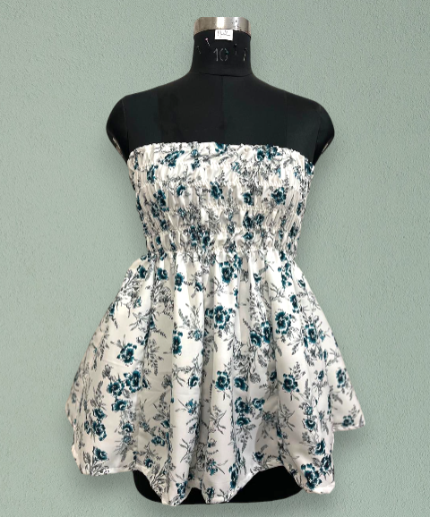 Northline Women's Beach White Blue Floral Shirred Strapless American Crepe Mini Dress