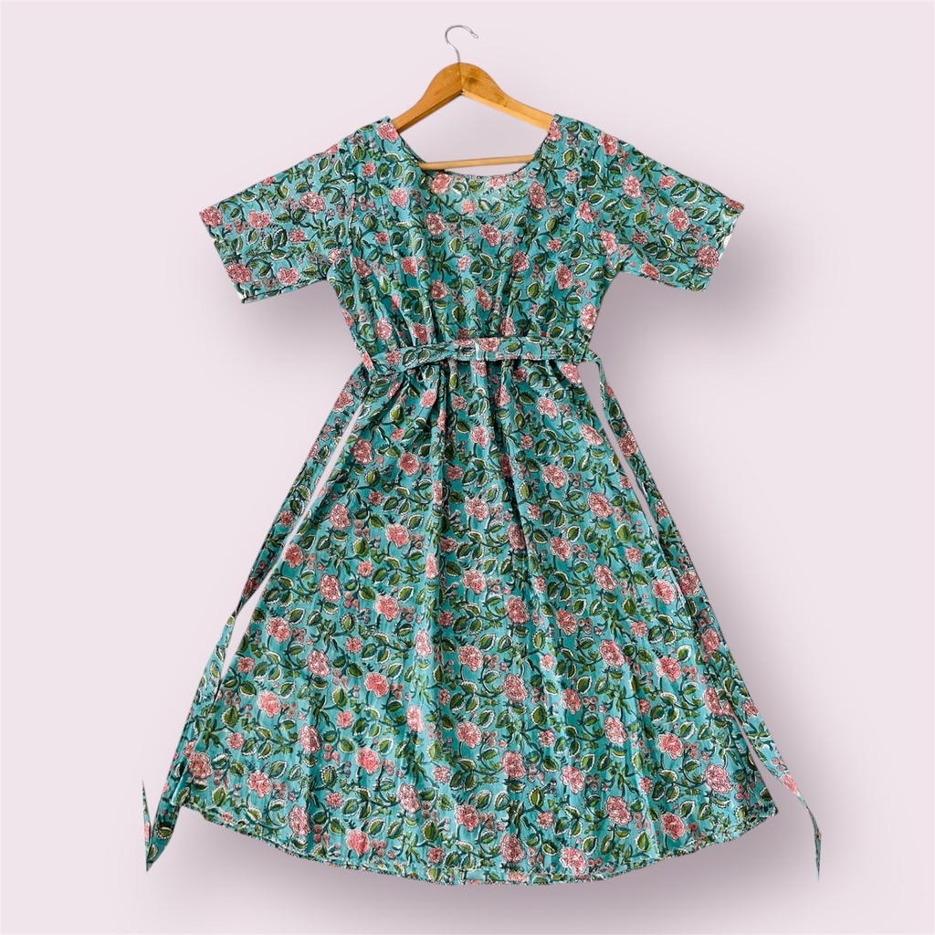 Northline Green Handblock Print A-Line Dress with Ajustable Strap & Loop