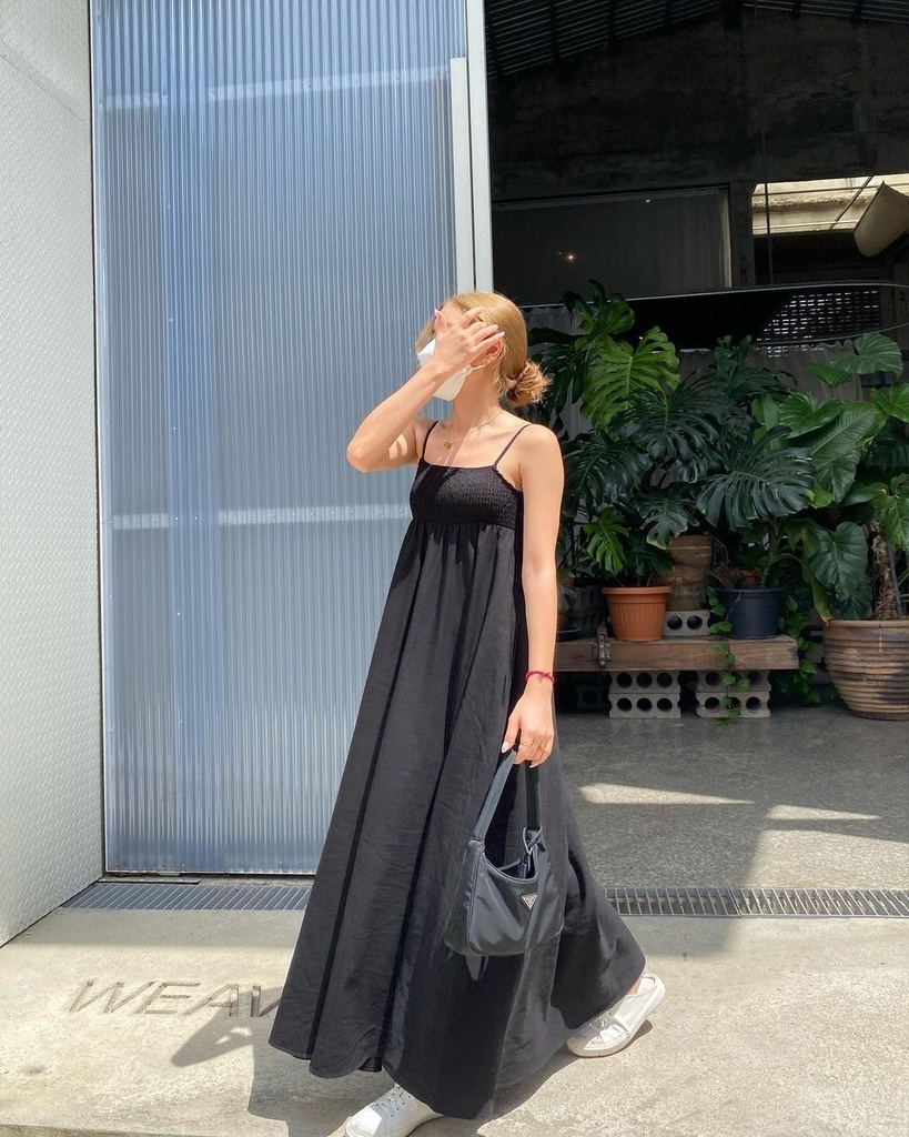 Northline Women Shirred Black Maxi Dress with Noodle Strap