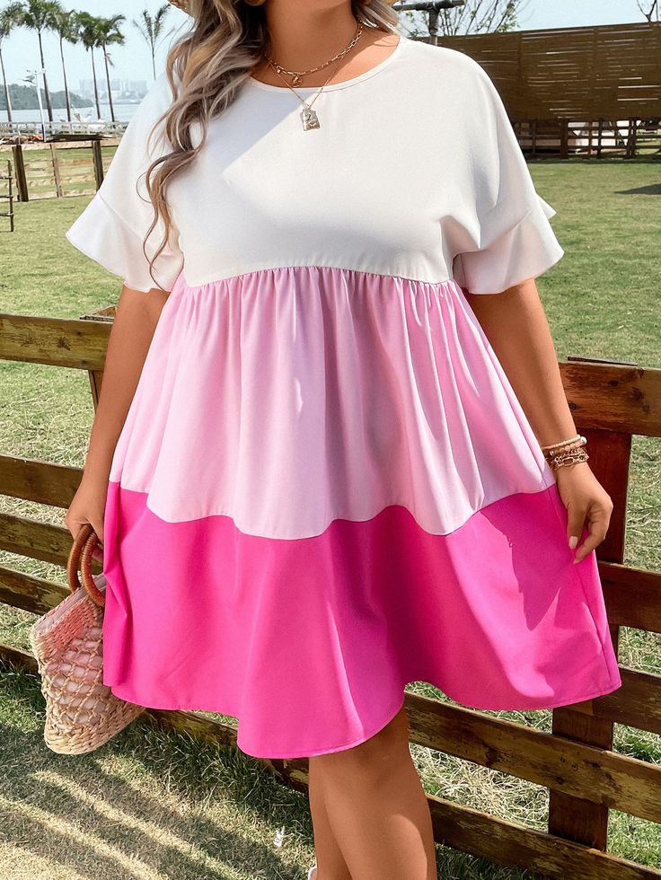 [NC584987] Northline Colorblock Flounce Sleeve Pink Dress