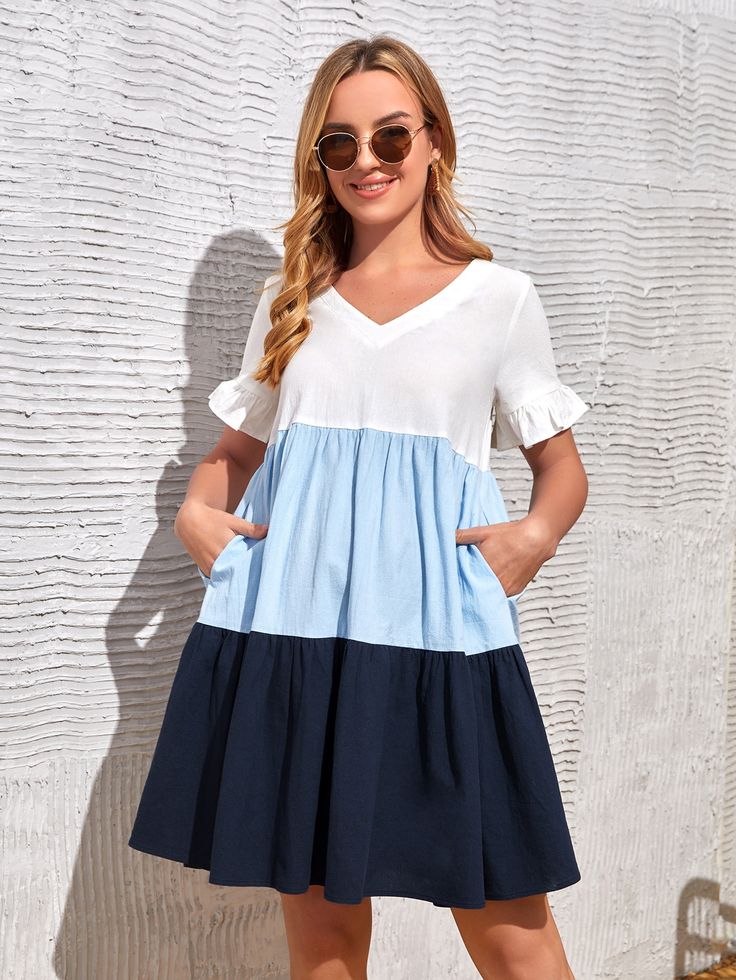 [NC757778] Northline  V Neck Colourblock Blue Ruffle Hem Dress