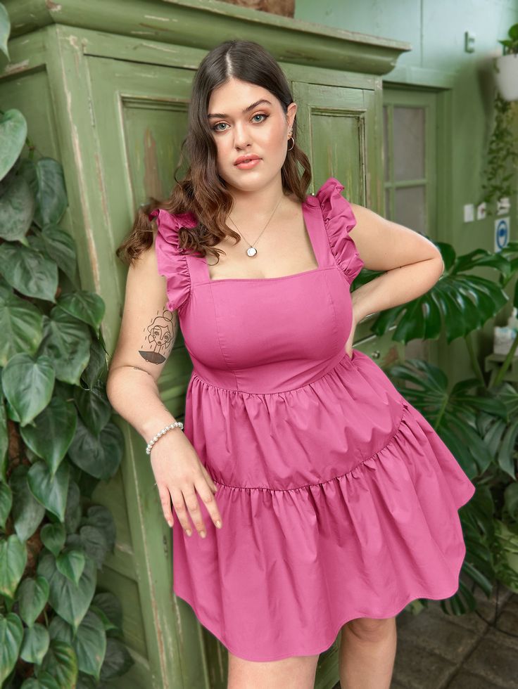 [NC46879/]  Northline Plus Ruffle Armhole Flounce Hem Dress Pink