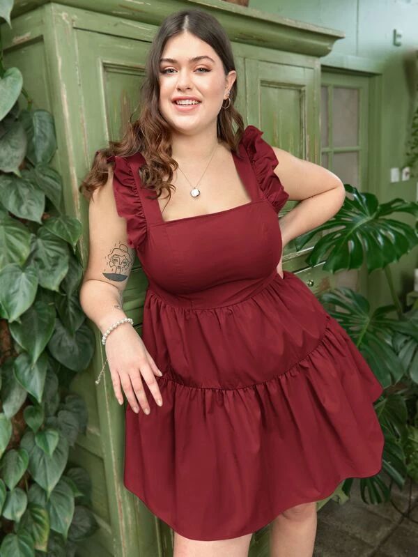  Northline Plus Ruffle Armhole Flounce Hem Dress Maroon
