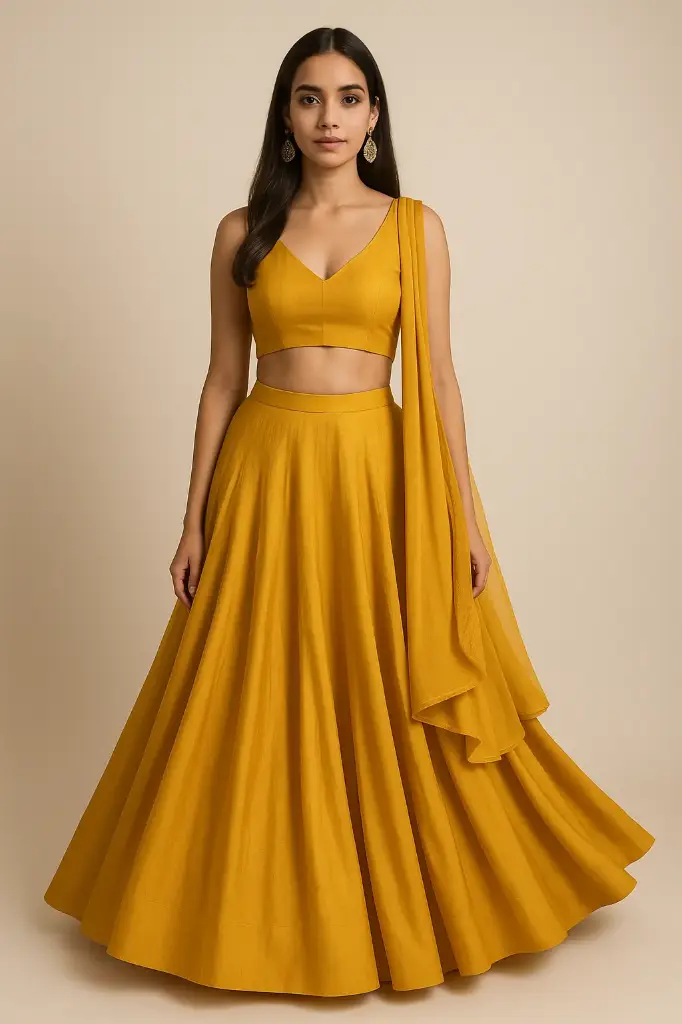 Northline Mustard Yellow Sleeveless Crop Top & Flared Skirt Set with Dupatta