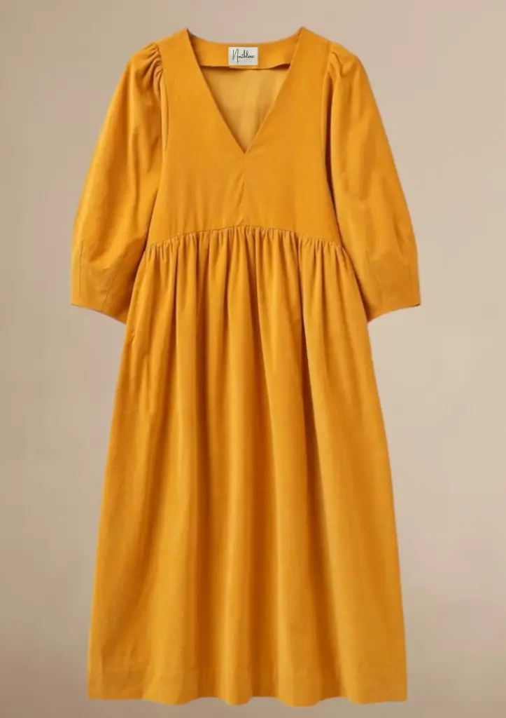 Northline Mustard Midi Dress | Vintage Boho V-Neck Flowy Dress | Cottagecore Aesthetic Fall Outfit with Puff Sleeves